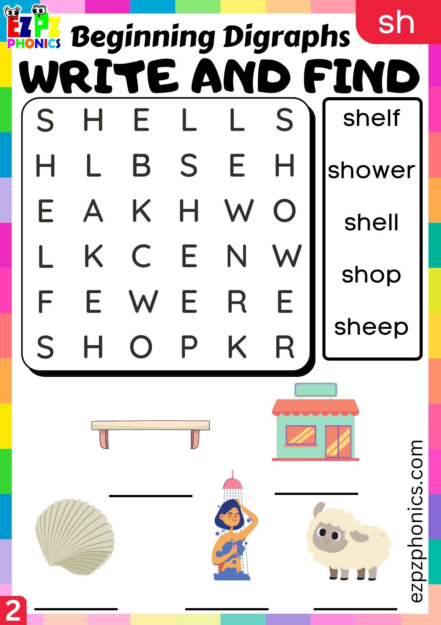 Group2 SH Words Write And Find Consonant Digraphs Phonics Beginning Worksheet